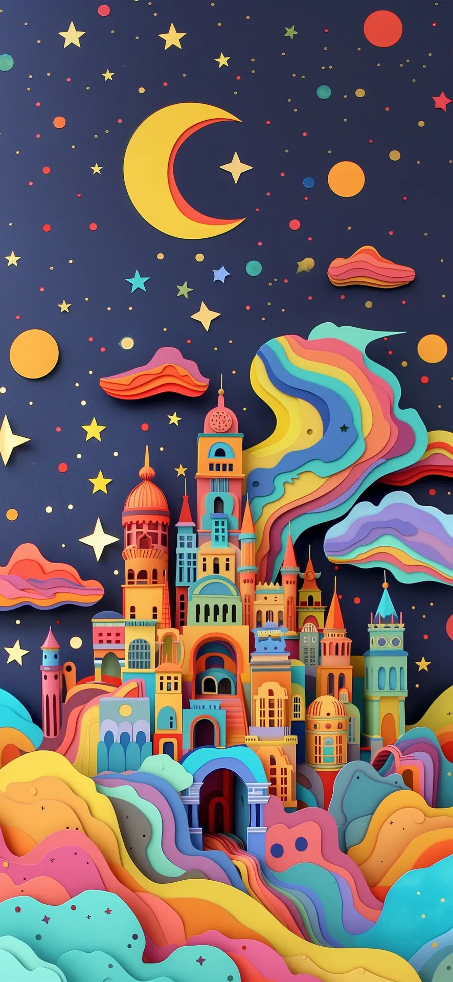 Colorful Fantasy Castle Beneath a Crescent Moon Wallpaper