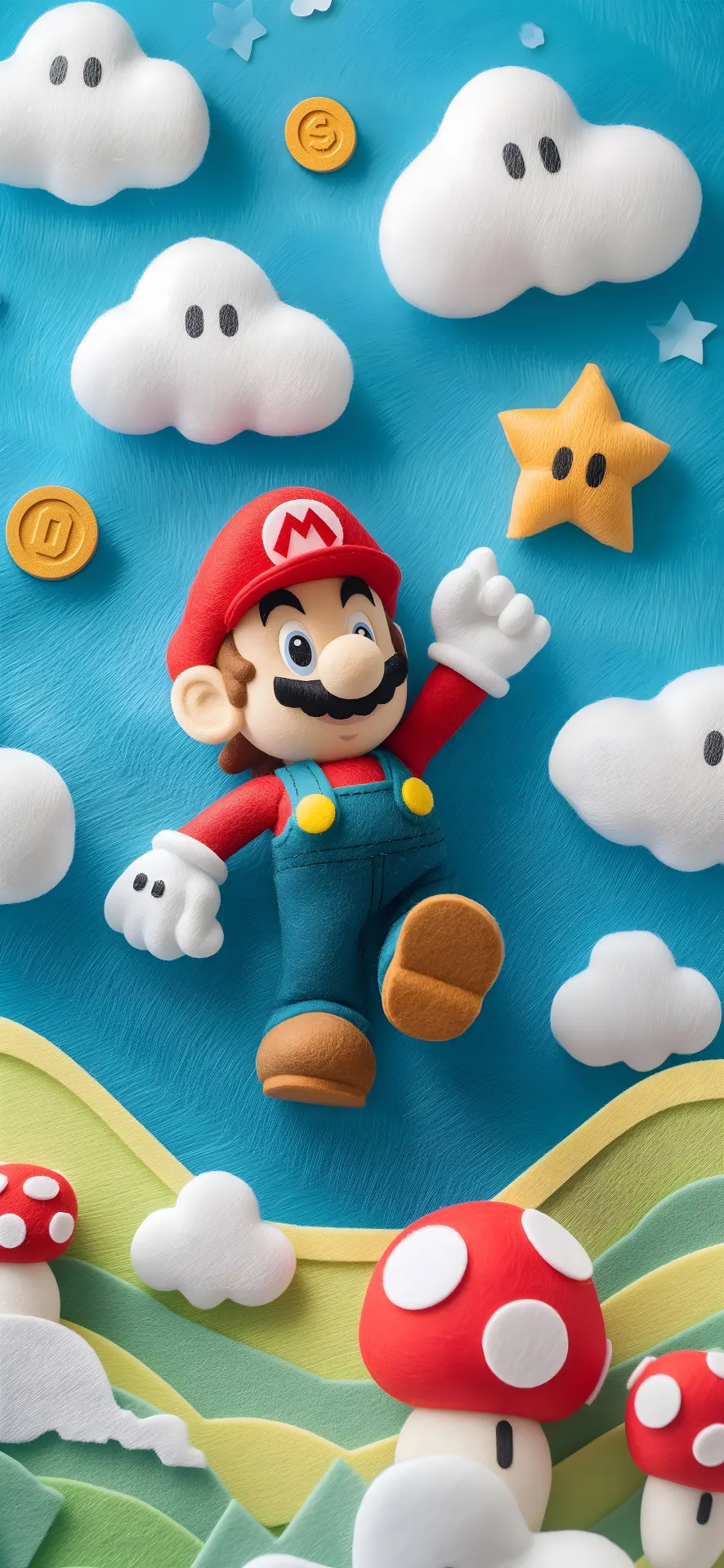 Super Mario Flying Through a Colorful Fabric Sky Wallpaper