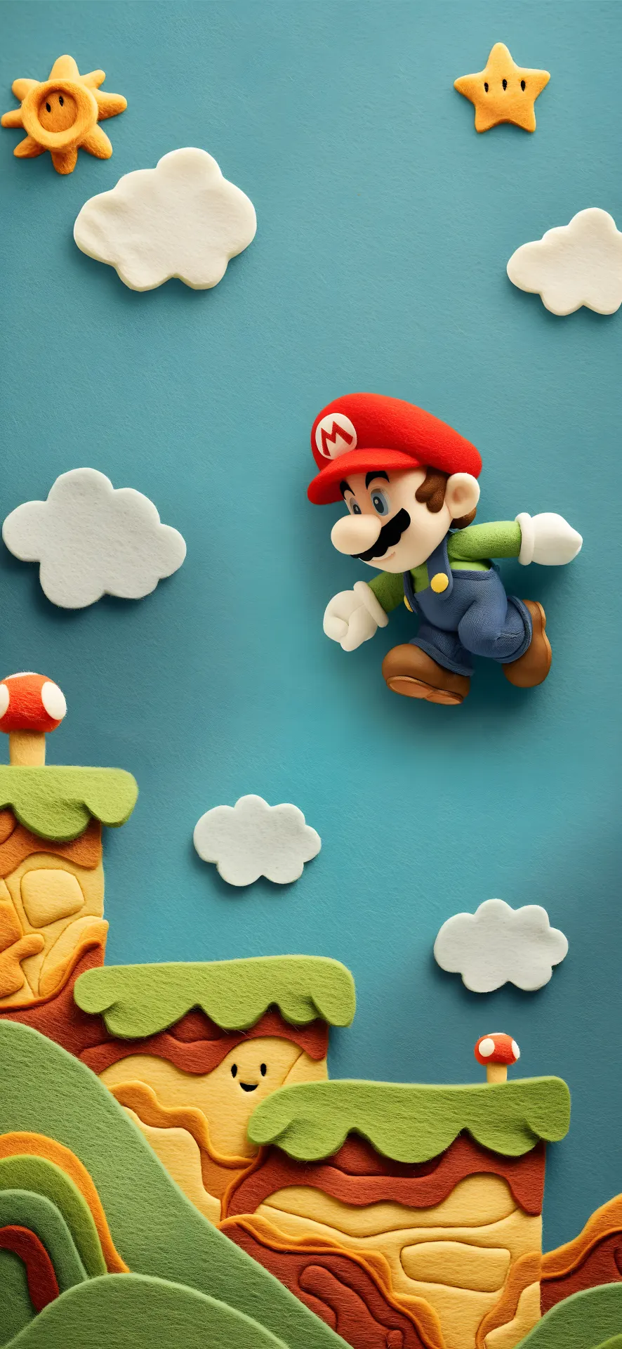 Super Mario Running Through a Felt Mushroom Kingdom Wallpaper