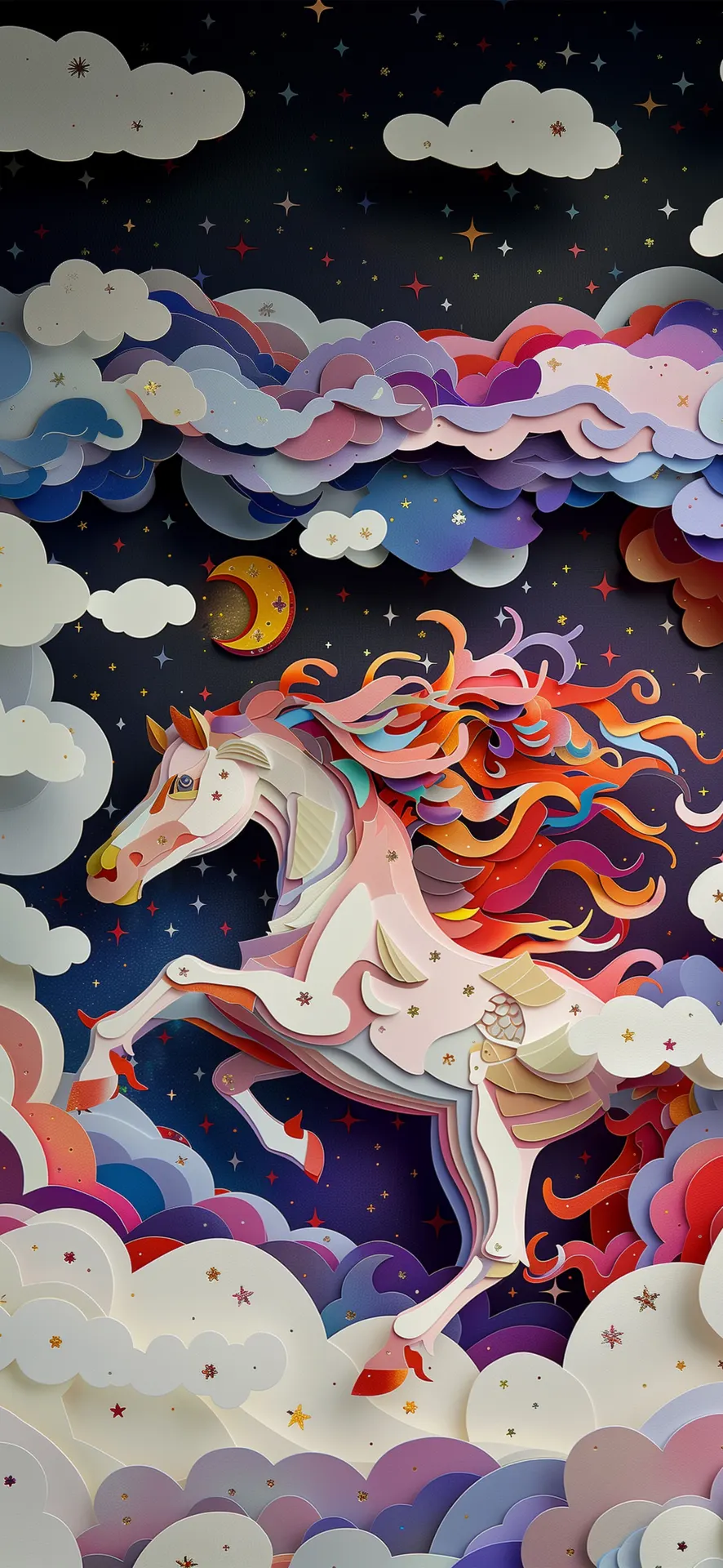 Celestial White Horse Among Colorful Clouds Wallpaper
