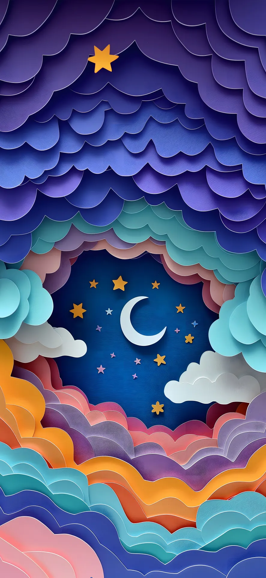 Crescent Moon Among Colorful Layered Clouds Wallpaper