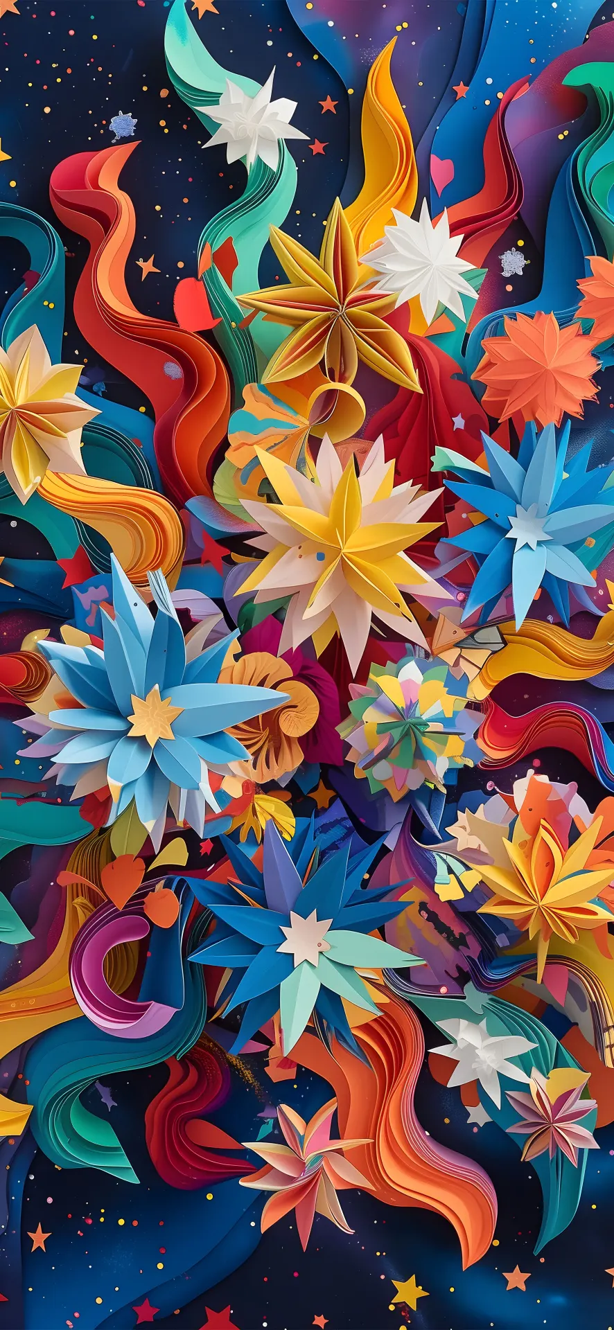 Colorful Cosmic Flowers Paper Art Wallpaper
