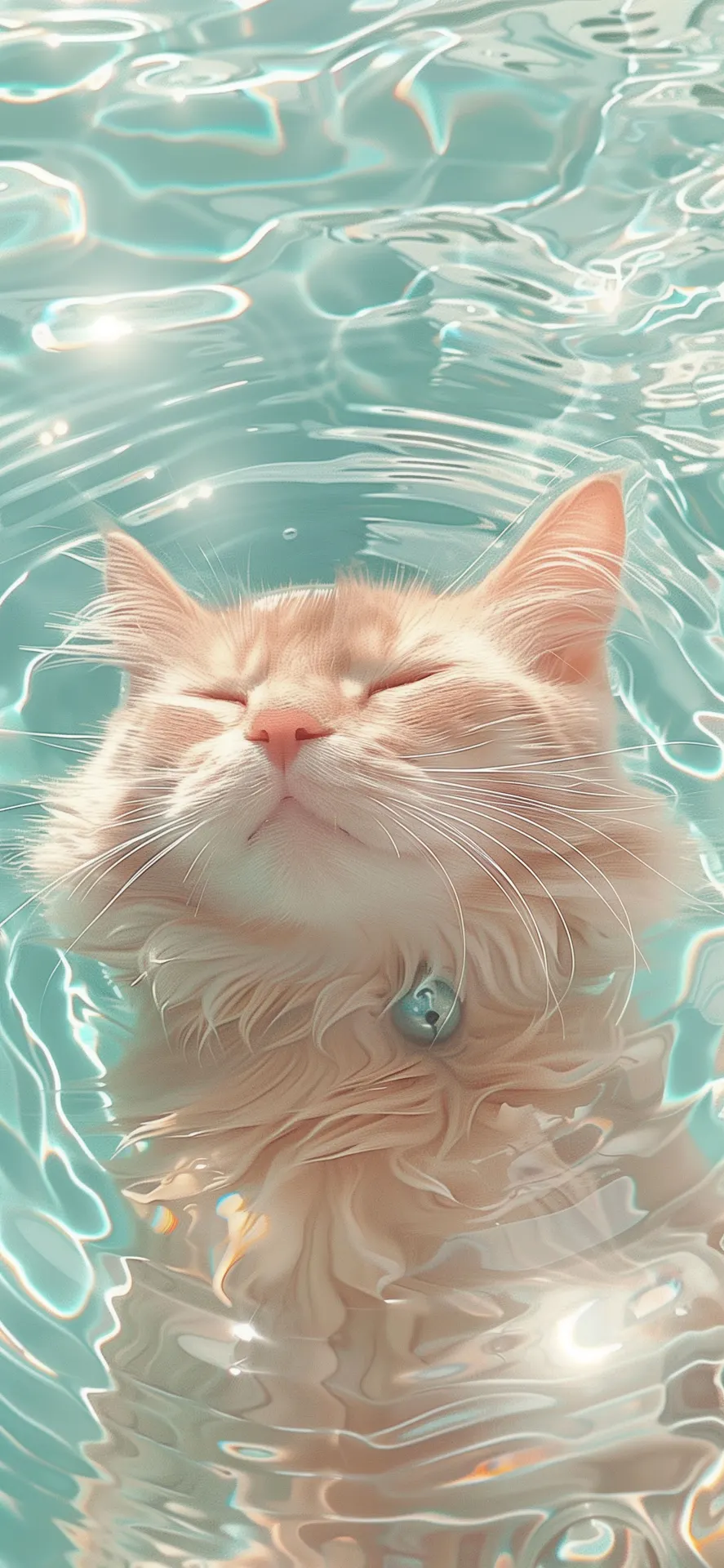 Peaceful White Cat Floating in Turquoise Water Wallpaper