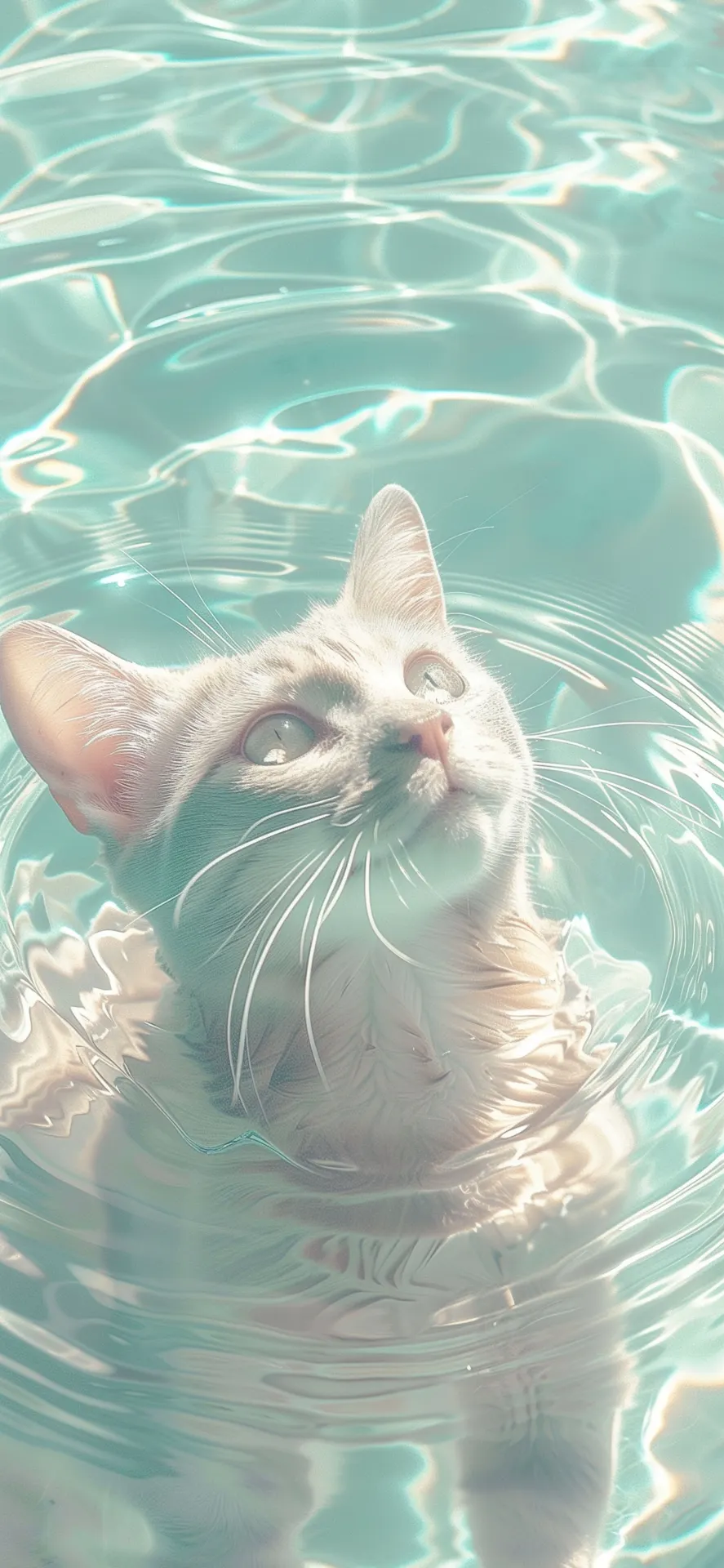 Curious Grey Cat in Turquoise Water Phone Wallpaper
