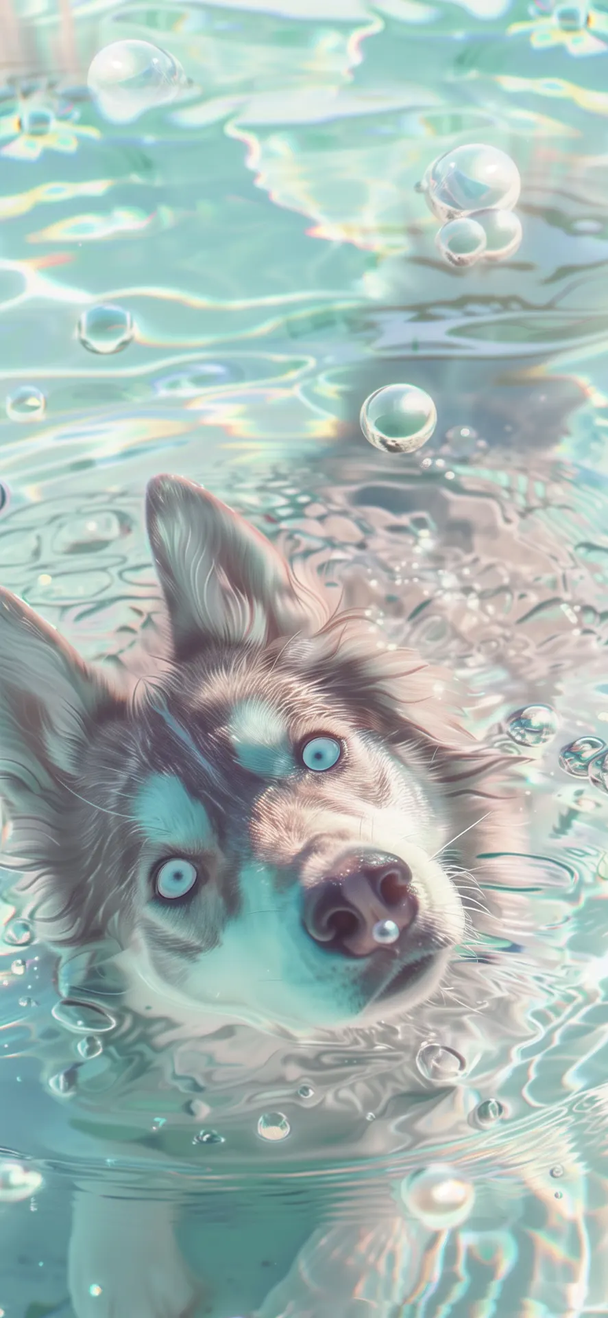 Blue-Eyed Husky Swimming in Turquoise Water Wallpaper