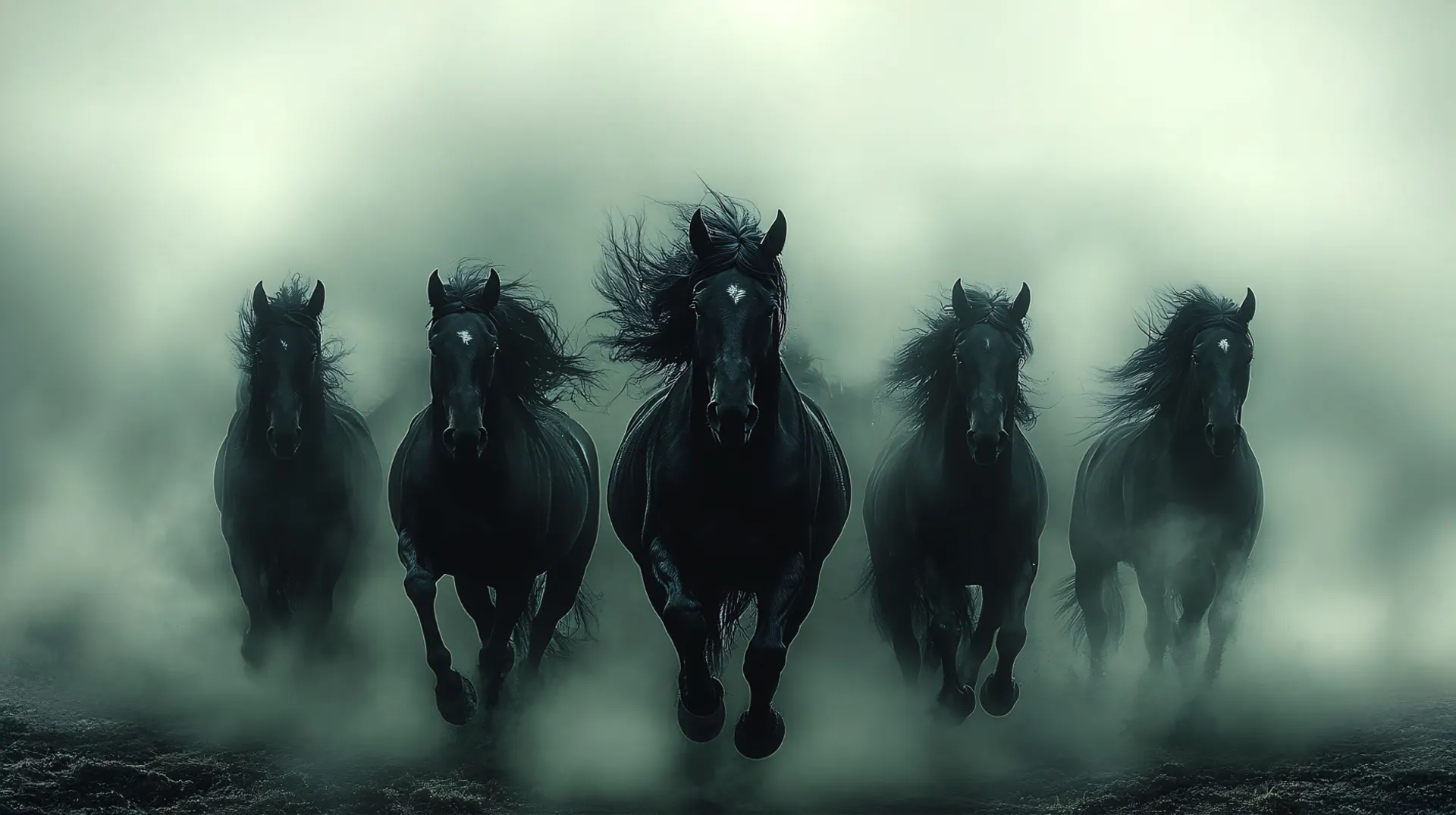 Black Horses Running Through Mist Wallpaper