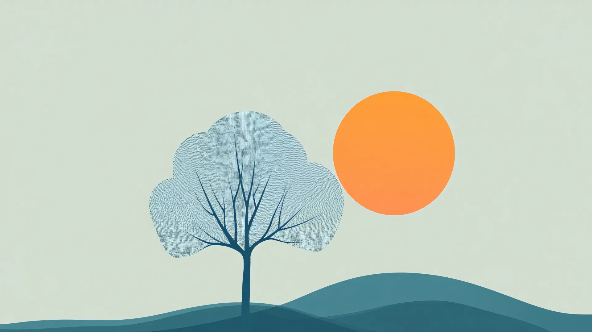 Minimalist Blue Tree and Orange Sun Landscape Wallpaper