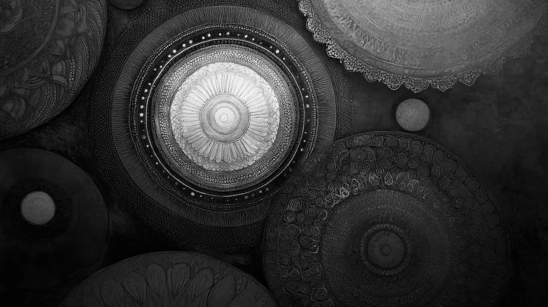 Black and Silver Ornamental Circles Abstract Wallpaper