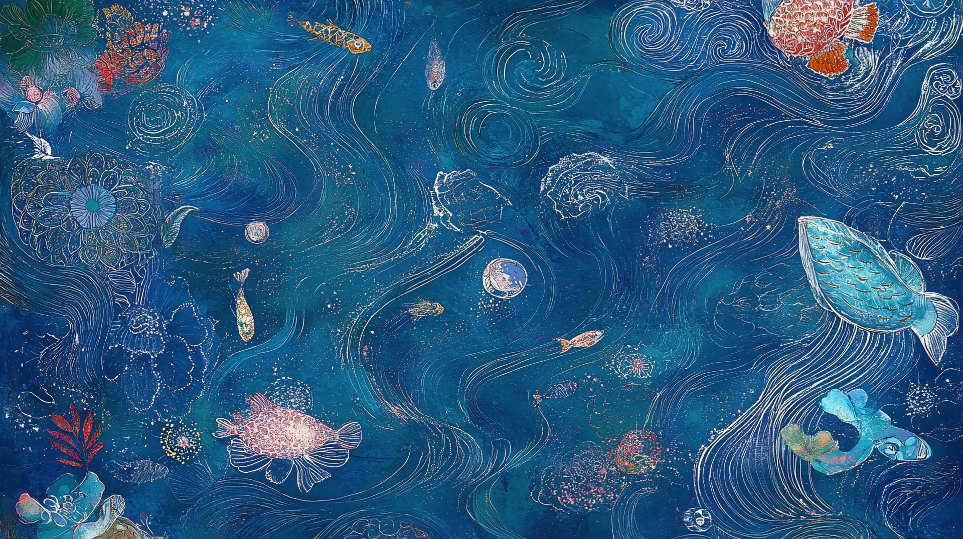 Artistic Fish in Flowing Blue Water Wallpaper