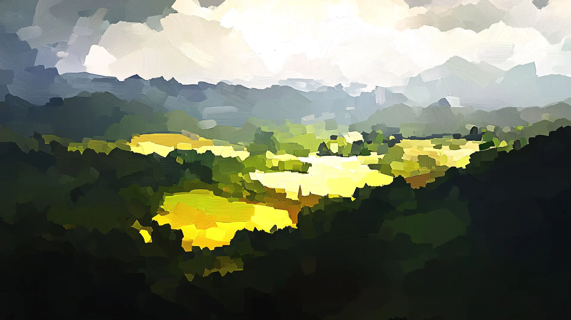 Yellow Fields and Green Valley Painting Wallpaper