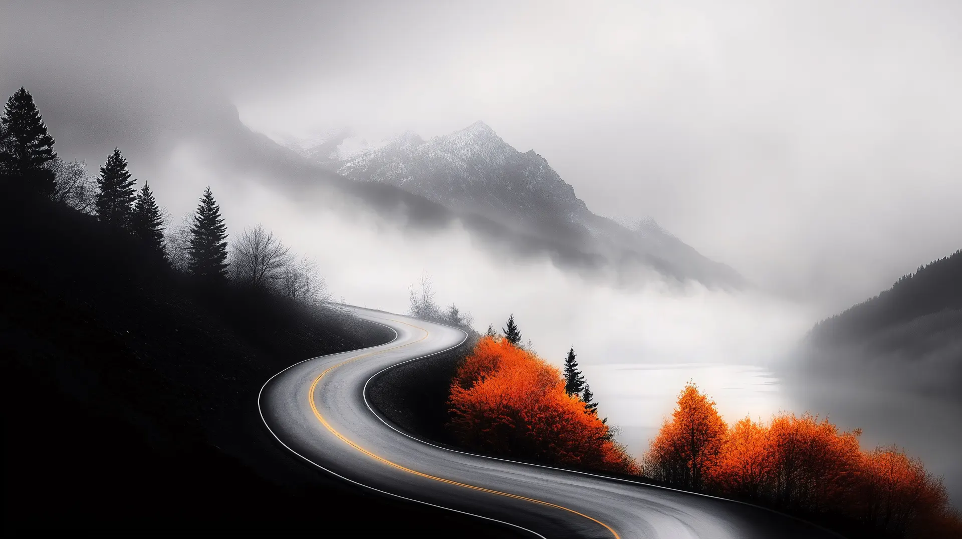 Misty Mountain Road with Orange Autumn Trees Wallpaper