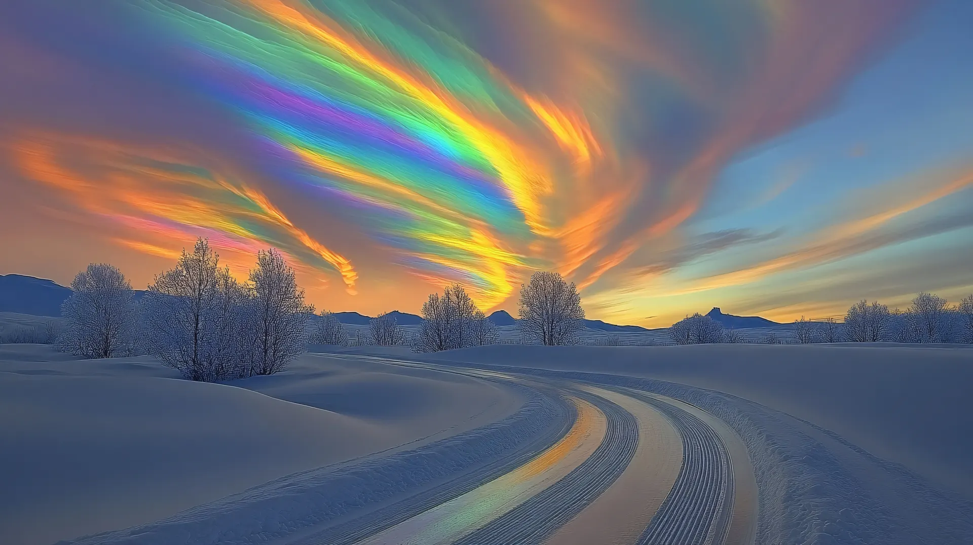 Rainbow Clouds over Snowy Winter Road Wallpaper