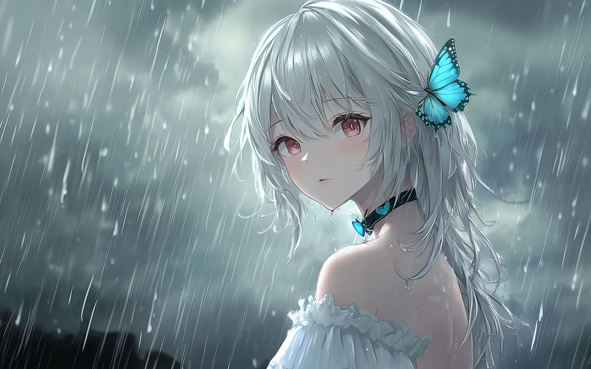 Silver-Haired Anime Girl in the Rain Wallpaper