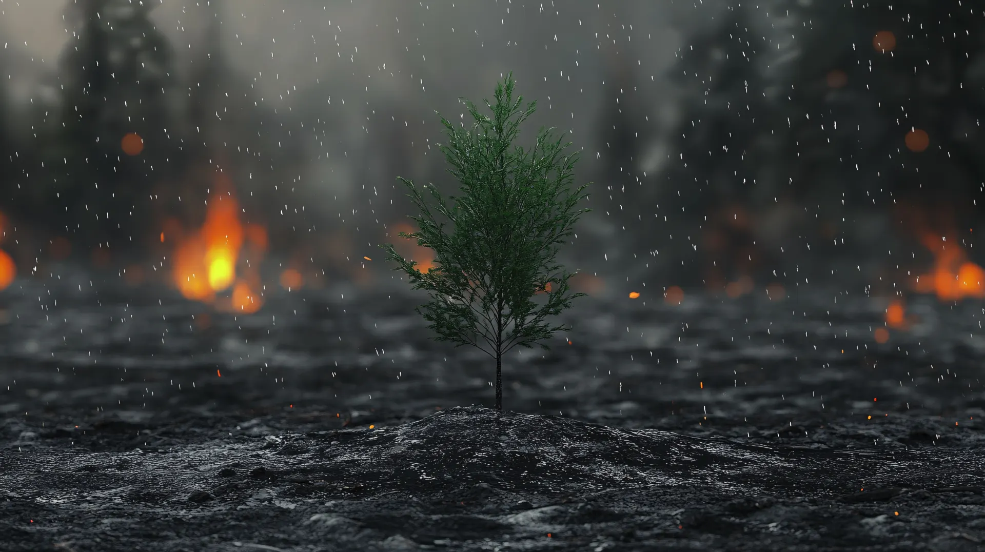 Lone Green Tree Surviving Fire and Rain Wallpaper