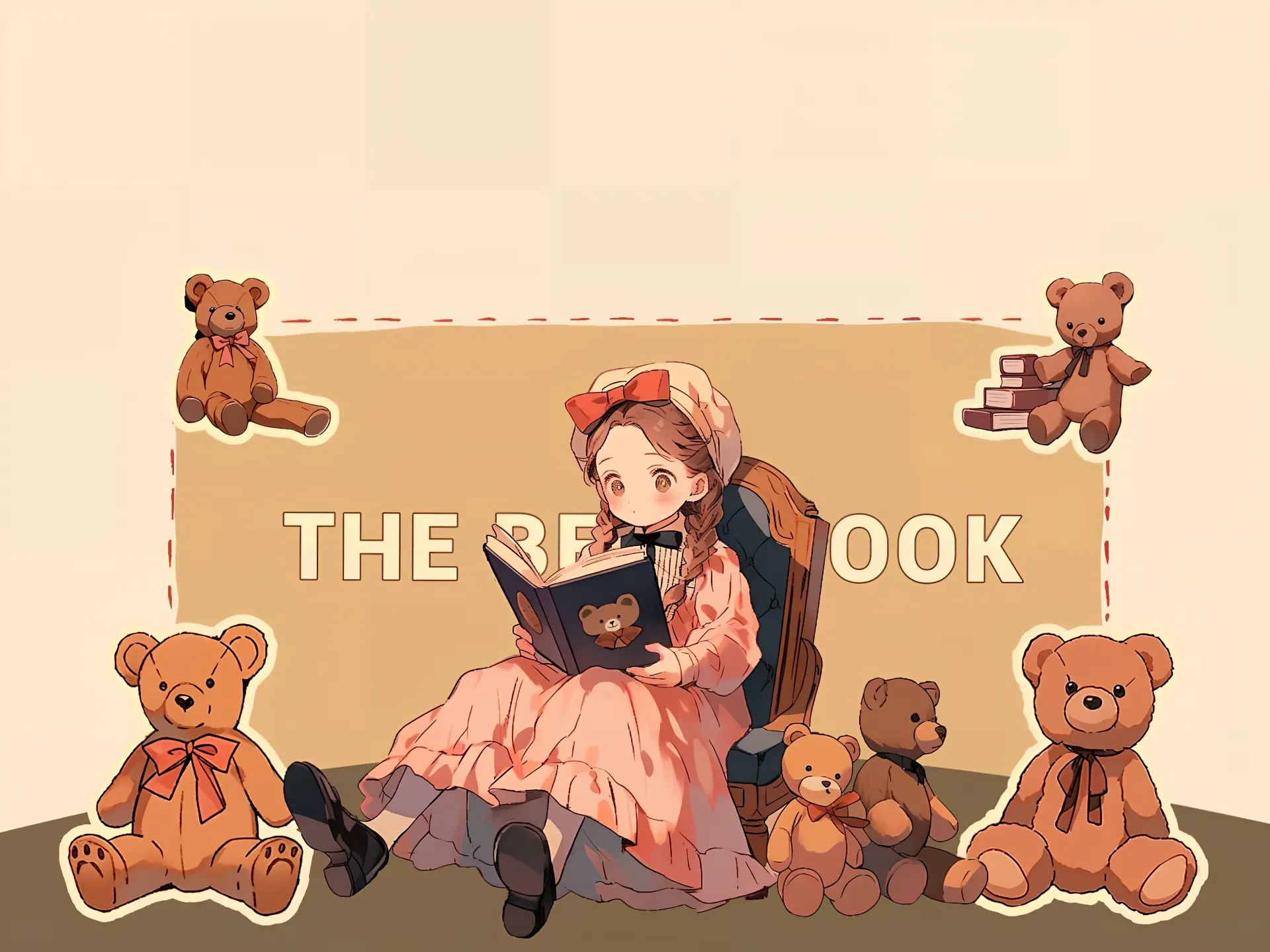 Cute Anime Girl Reading Book with Teddy Bears Wallpaper