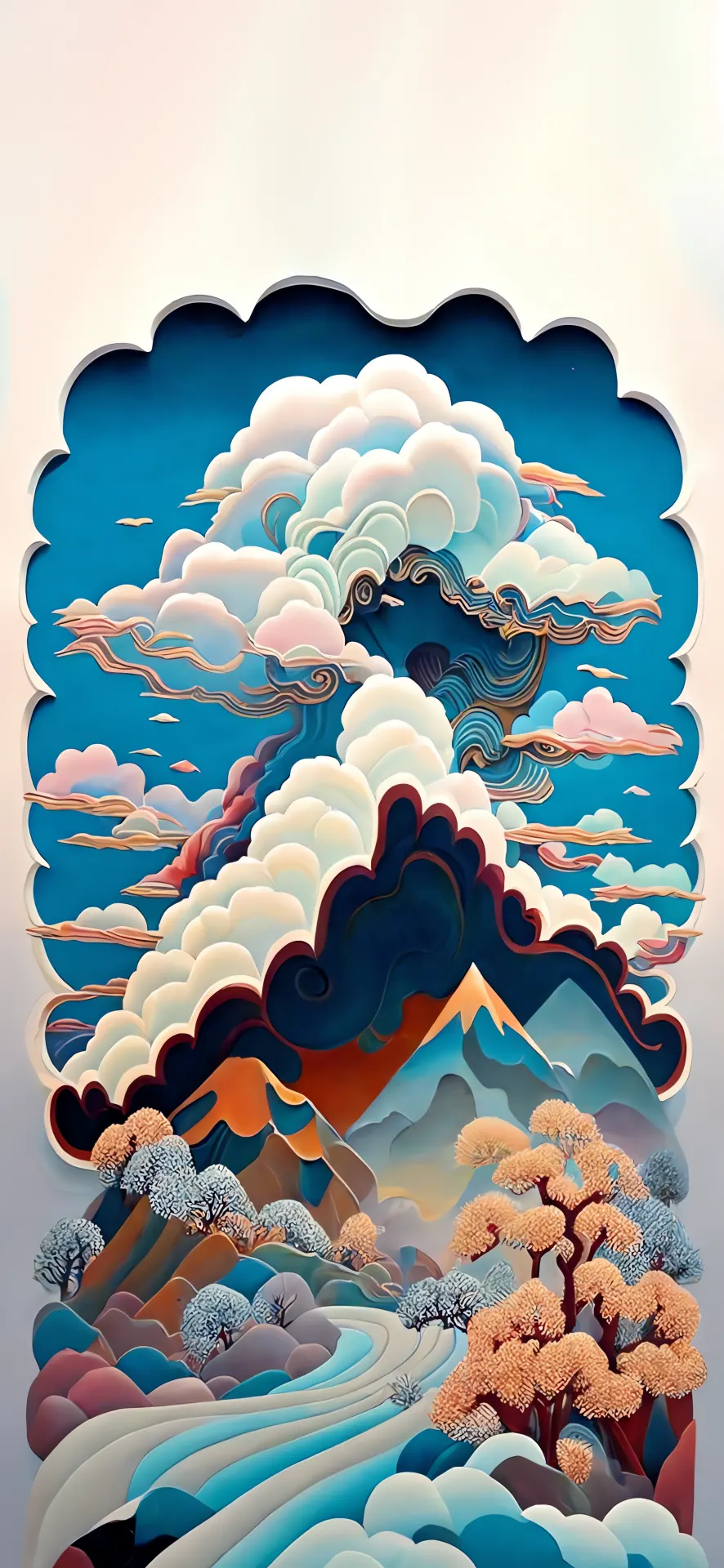 Cloud Mountain River Valley Paper Art Wallpaper