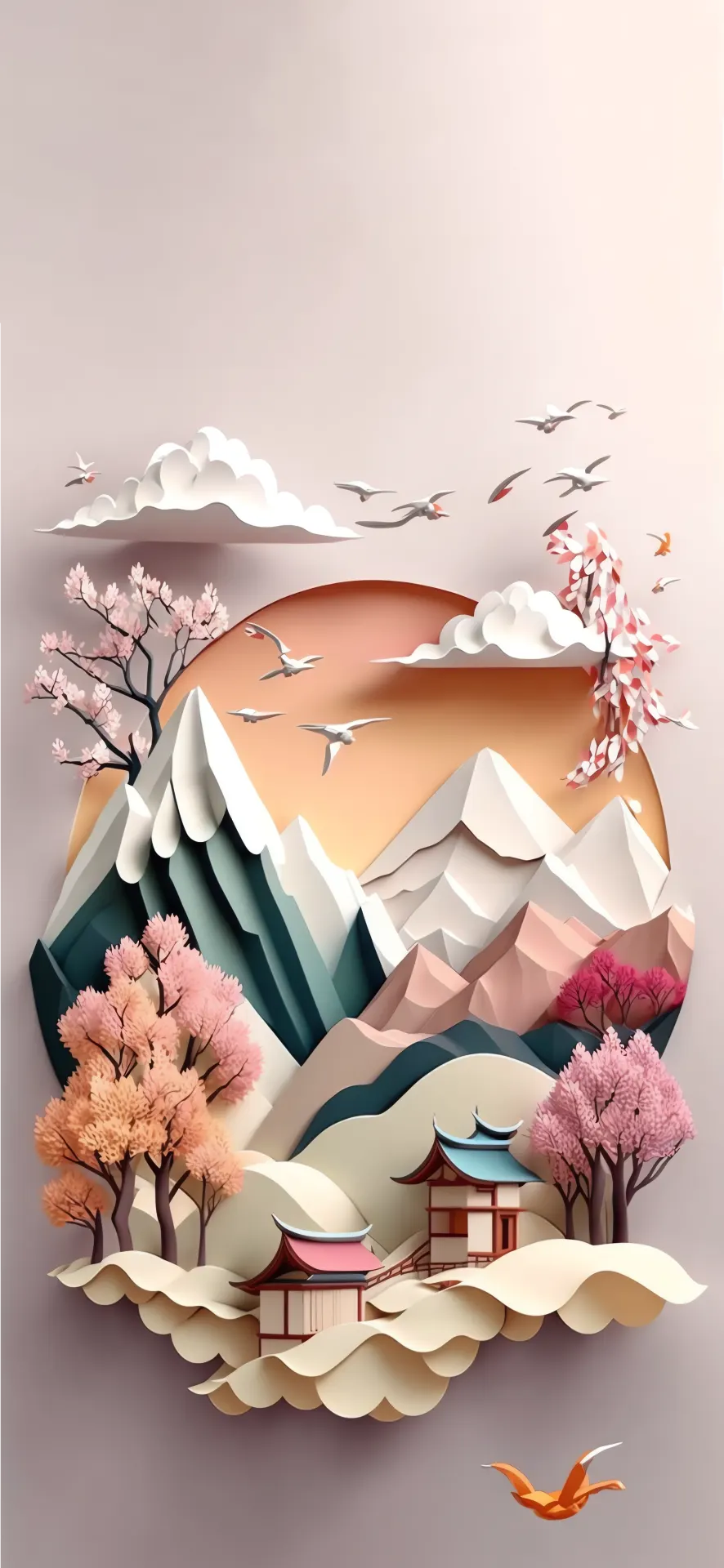 Snowy Mountain Temple Paper Cut Landscape Wallpaper