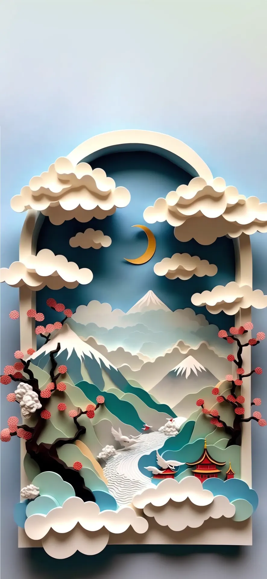 Crescent Moon Mountain Temple Paper Cut Landscape Wallpaper