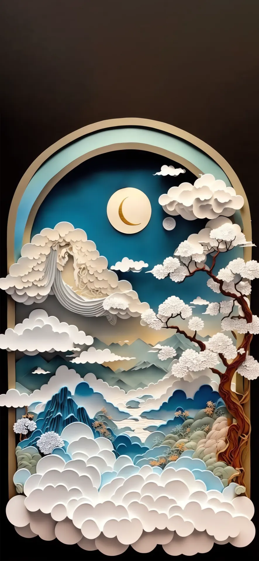 Crescent Moon Cherry Blossom Mountain Paper Cut Wallpaper