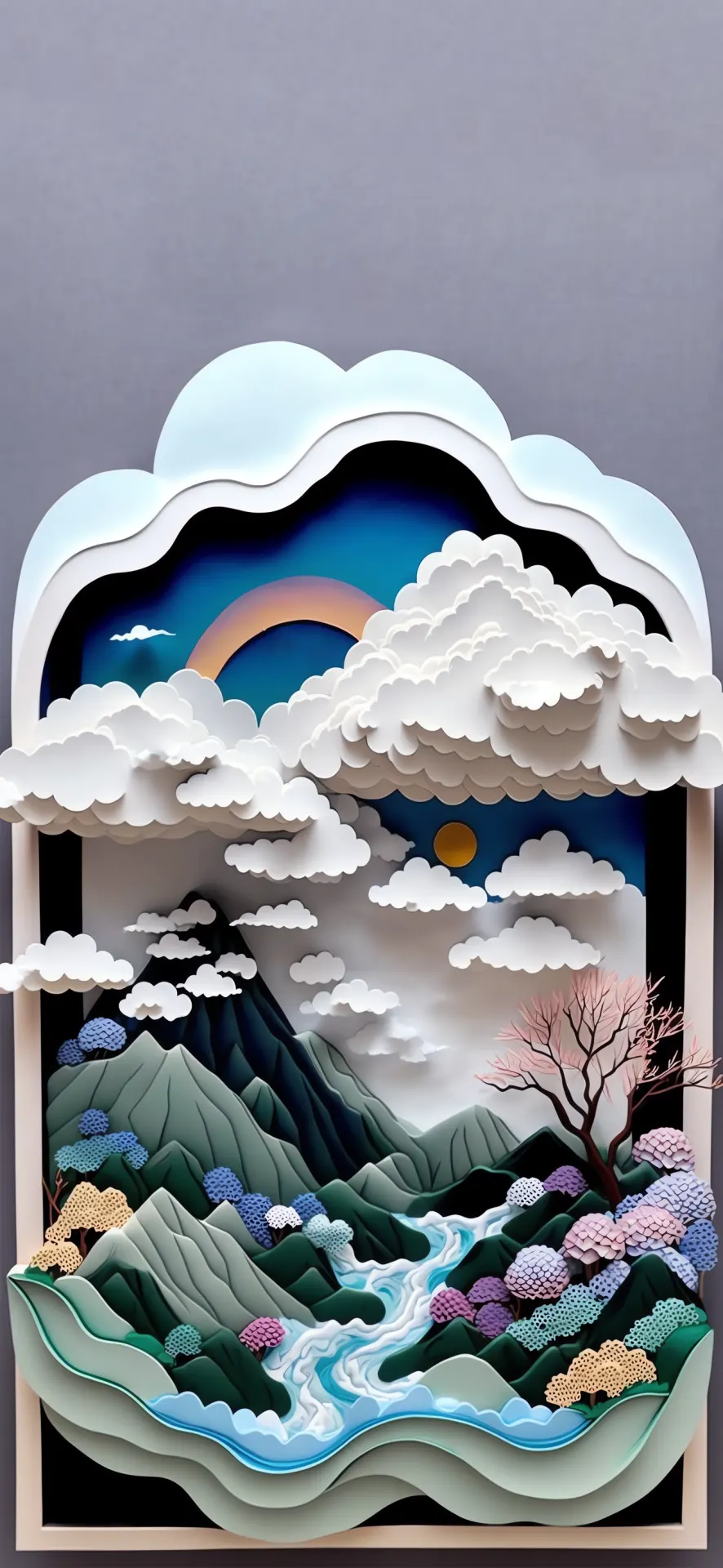 Moonlit Mountain River Paper Cut Landscape Wallpaper