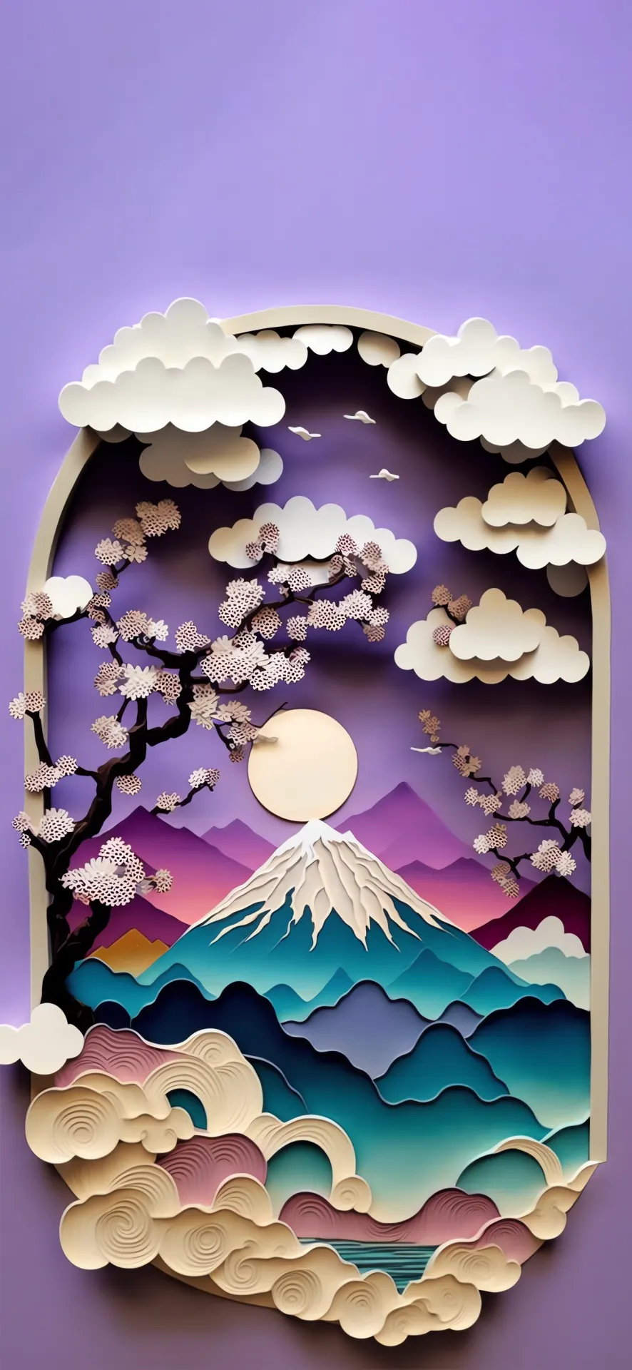 Purple Moon Mountain Paper Cut Landscape Wallpaper