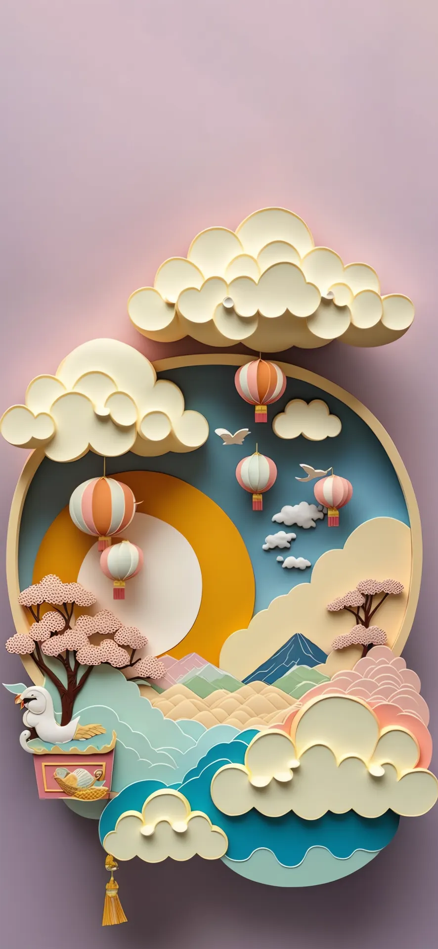 Lantern Festival Mountain Paper Cut Landscape Wallpaper