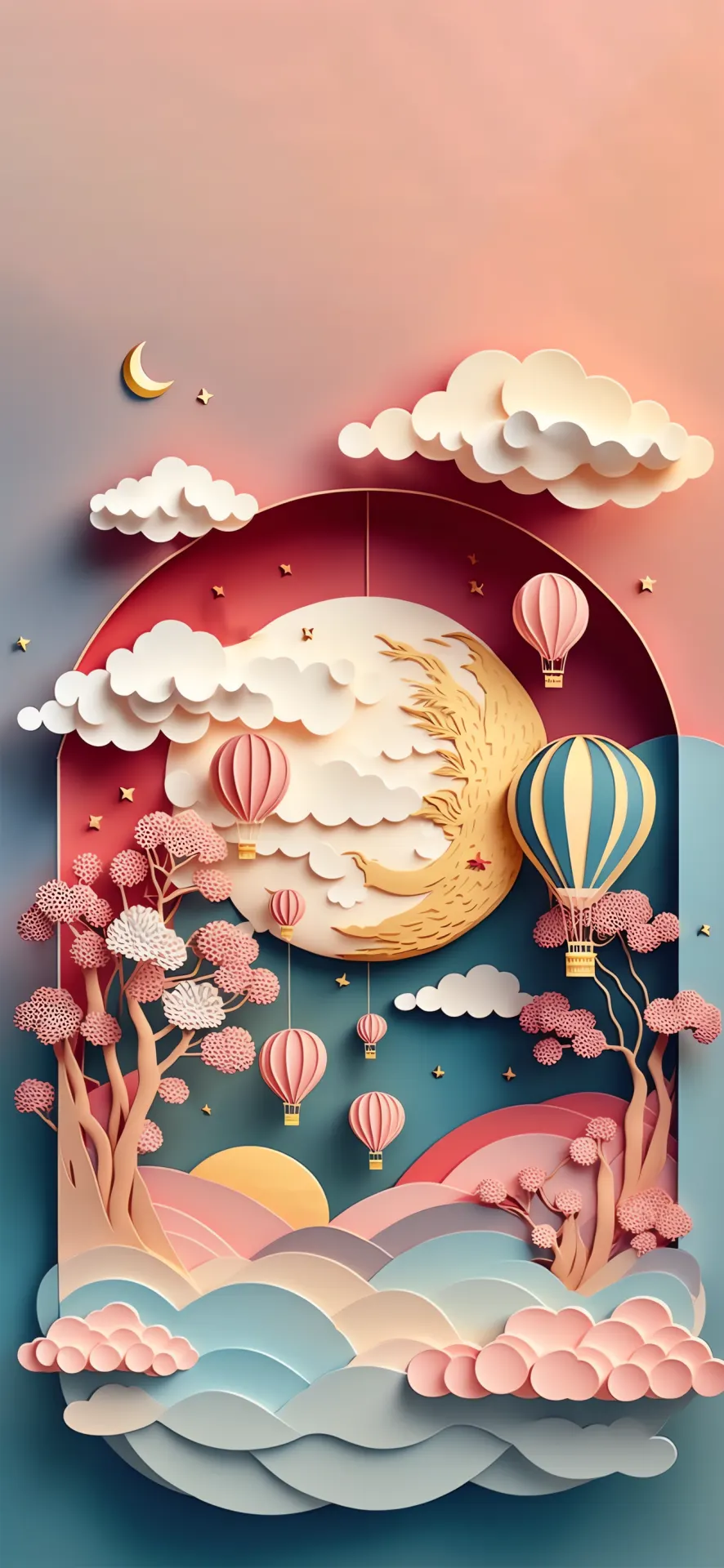 Moonlit Lantern Valley Paper Cut Landscape Wallpaper