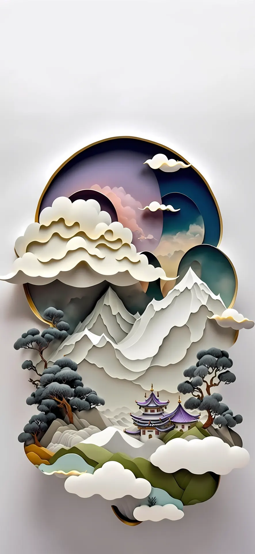 Moonlit Mountain Temple Paper Cut Landscape Wallpaper
