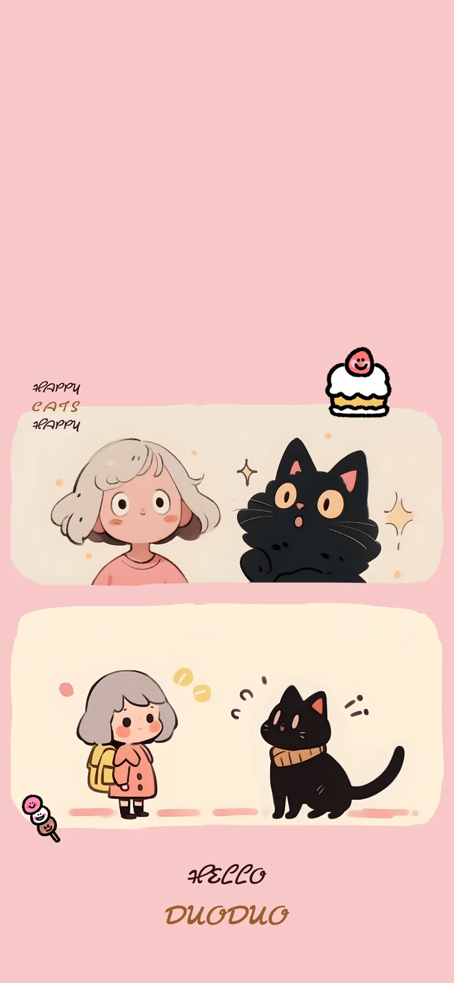 Cute Girl and Black Cat Kawaii Pink Wallpaper