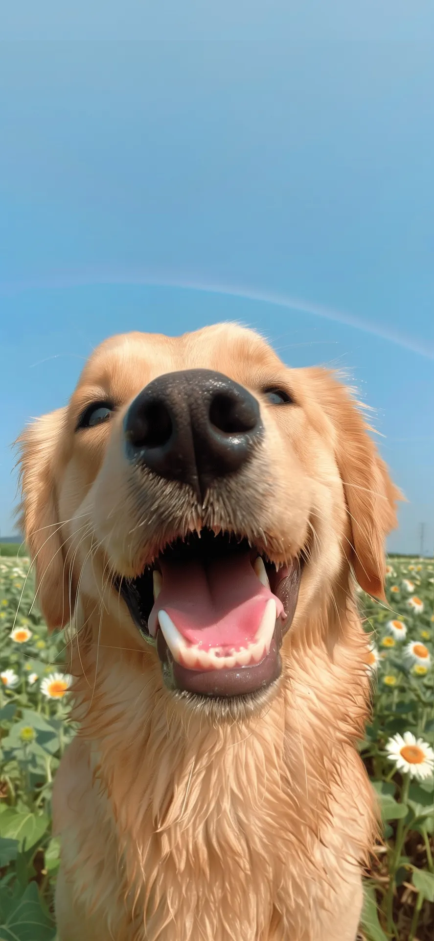 Smiling Golden Retriever Daisy Field Rainbow Phone Wallpaper