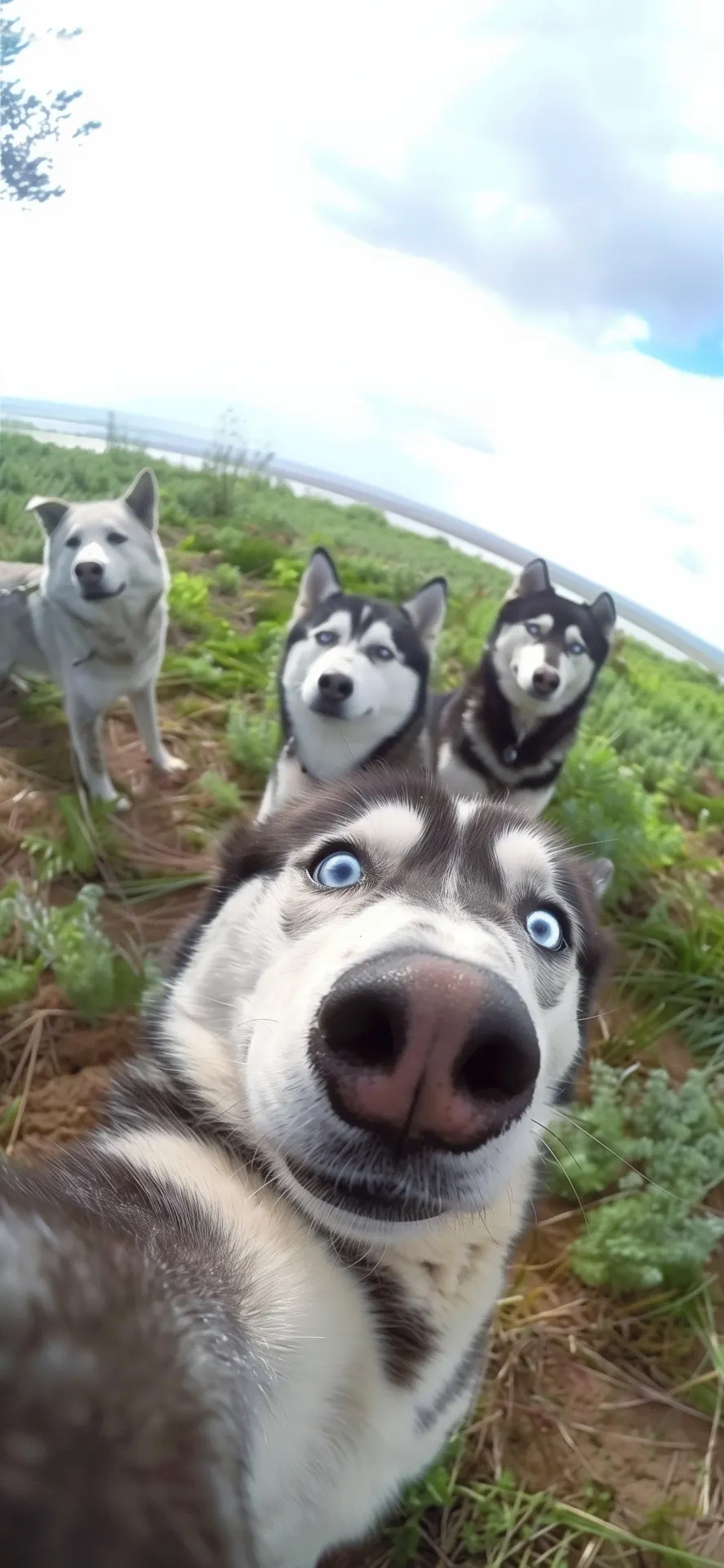 Funny Husky Selfie Dog Pack Grassy Field Phone Wallpaper