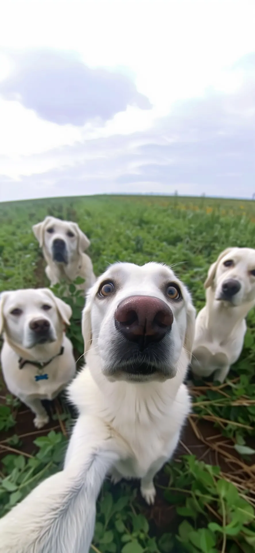 Husky Selfie Dog Pack Grassy Field Phone Wallpaper