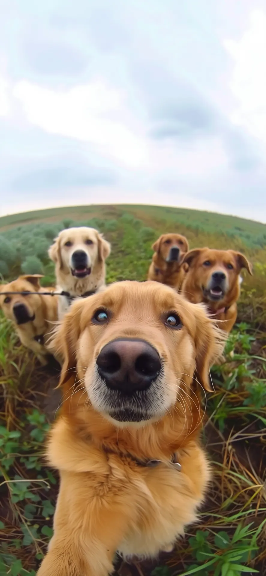 Funny Golden Retriever Selfie Dog Pack Field Phone Wallpaper