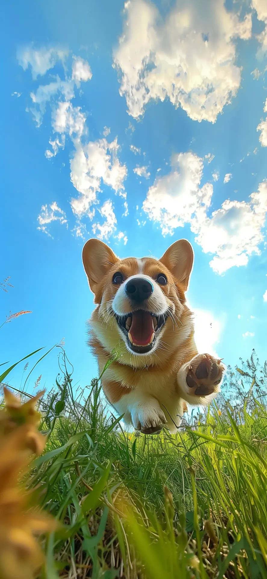 Happy Corgi Running Grassy Field Blue Sky Phone Wallpaper