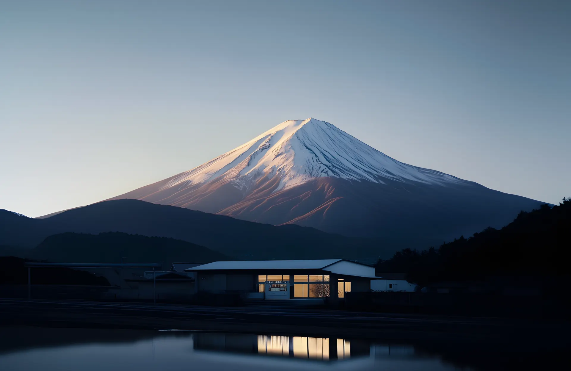 Mount Fuji at Twilight with Lakeside Reflection Wallpaper