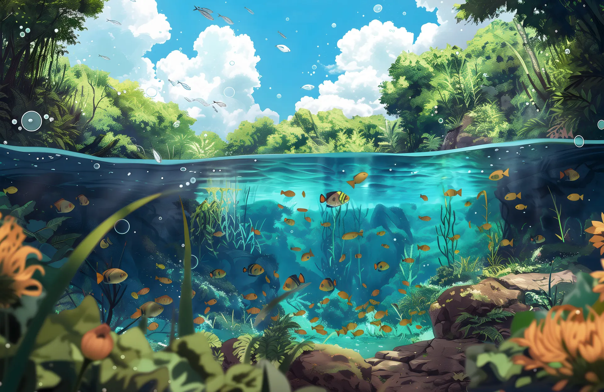 Anime Underwater Jungle River with Colorful Fish Wallpaper