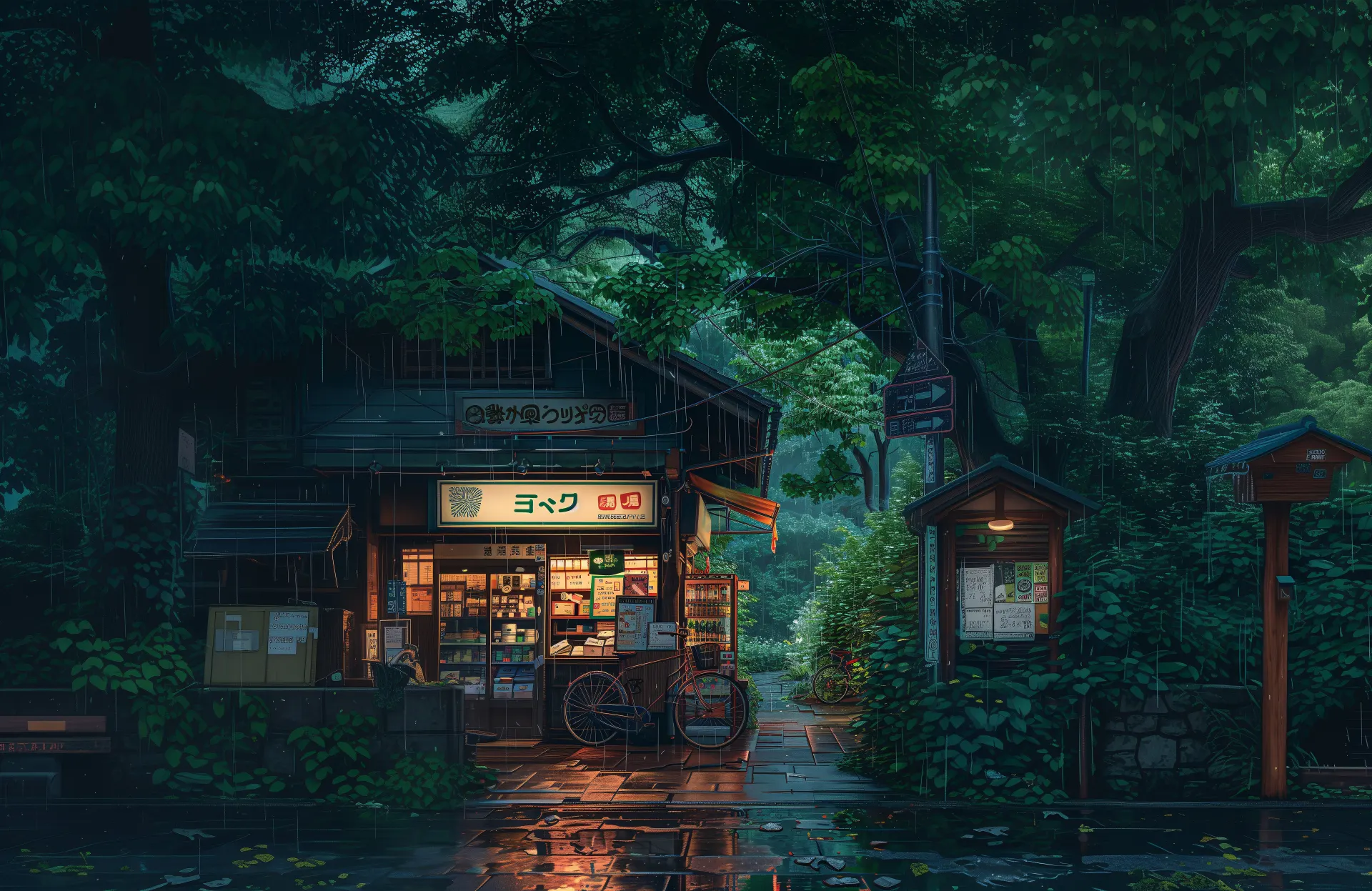 Rainy Japanese Forest Village at Night Anime Wallpaper